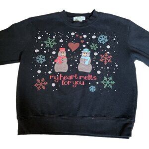 Vintage Snowman Sweatshirt Women's Large Black Hearts Valentine's Day Winter